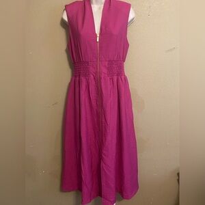 Nine West Full Zip Sleeveless Dress Women Small Smocked Waist Side Pockets